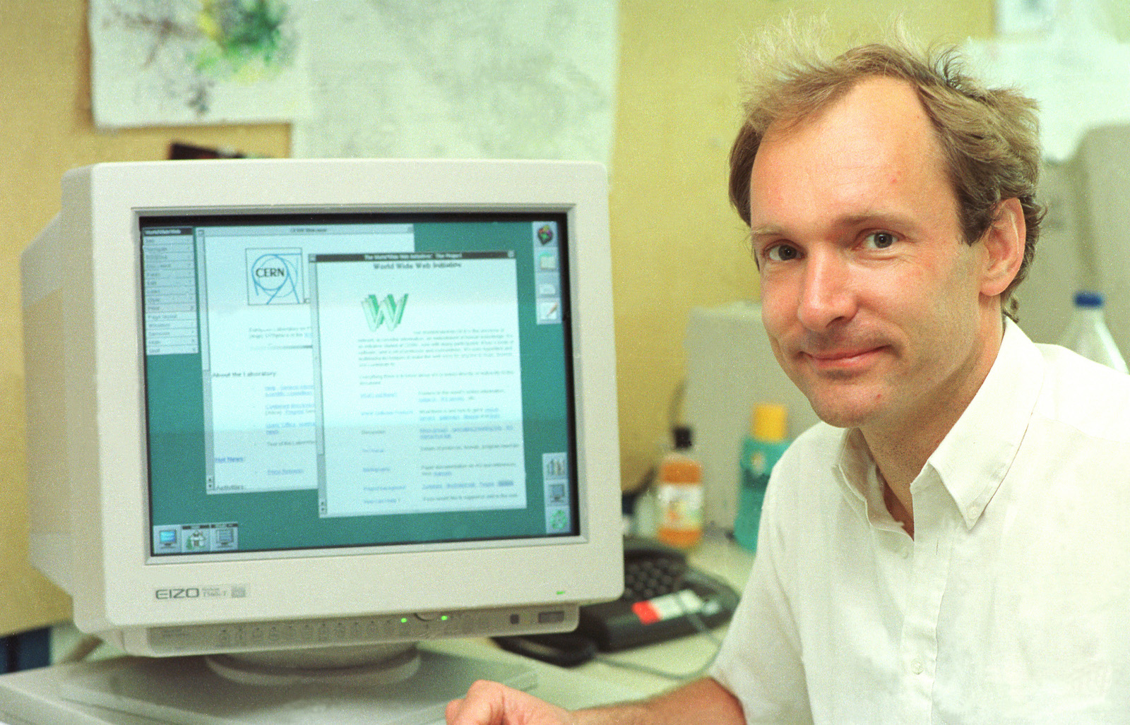 Tim Berners-Lee at a computer.