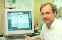 Tim Berners-Lee at a computer.